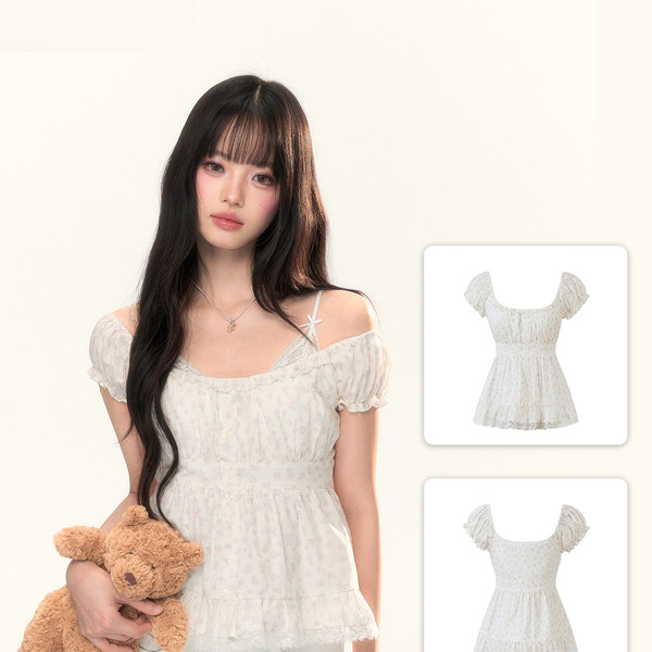 POMIIIPARTAGE puff peplum variation tops JOLIE EMBROIDERY PEPLUM