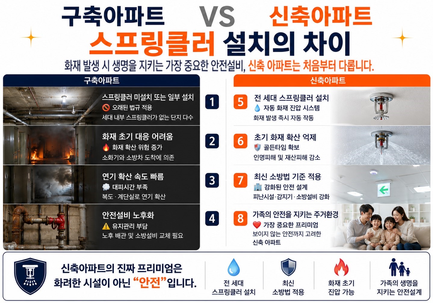 스프링클러 설치의 차이(구축아피트와 신축아파트 비교)