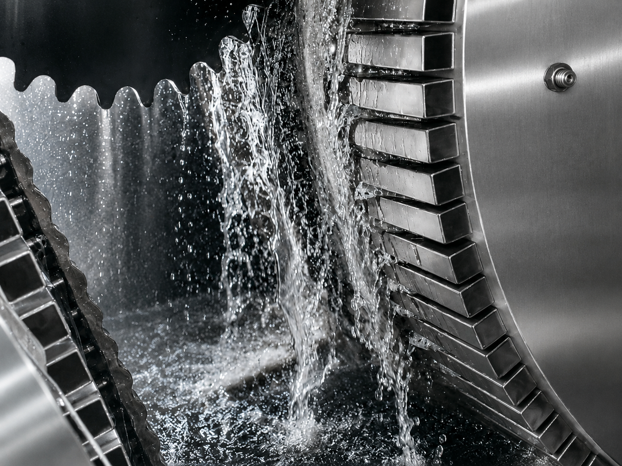 Close-up view of the dewatering process, showing machinery in operation, reducing moisture content in sludge