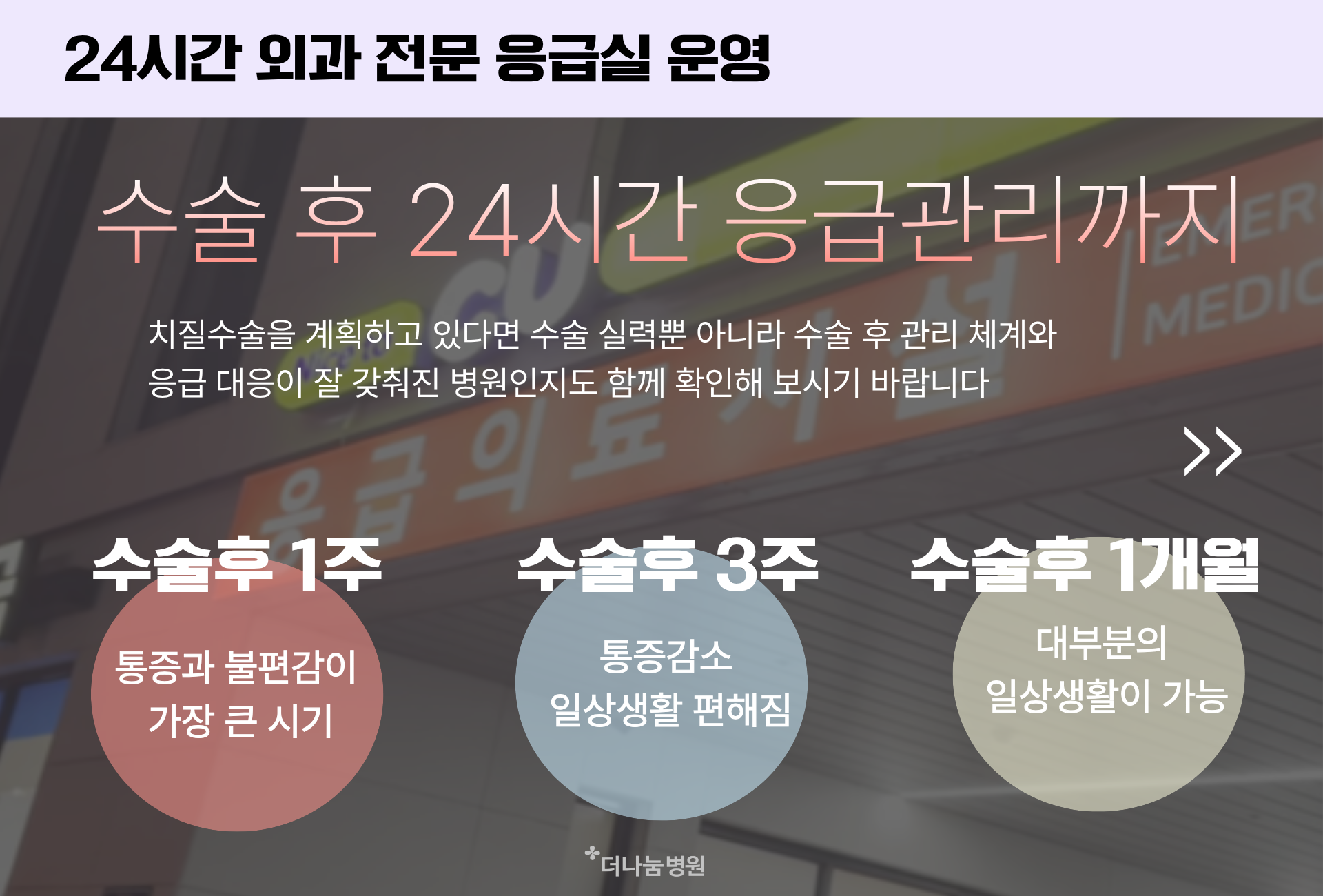 인천 치질수술전문병원의 치질항문 전문 응급실. 치질후 정상적인 통증과 출혈 비정상적인 수술 후 반응까지 24시간 의료진의 케어를 받으세요