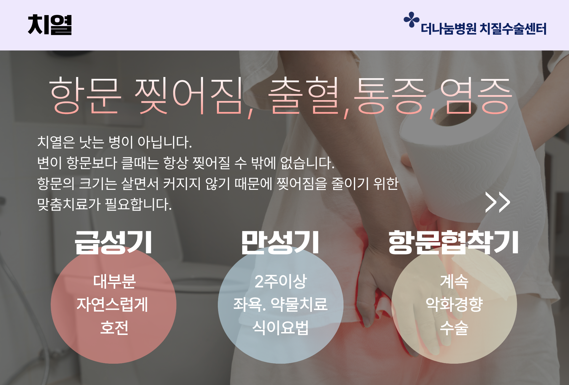 치열은 낫는 병이 아니라 급성기 만성기 항문협착기에 따른 적절한 치료와 수술이 필요합니다. 