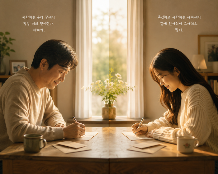 아빠와 딸이 서로에게 편지를 쓰는 모습, 말로 다 못한 마음을 문장으로, 어른의 글쓰기, 스틸당