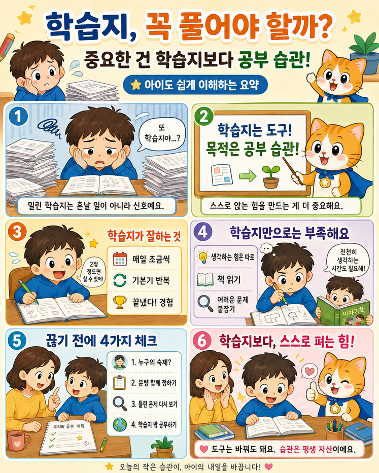 학습지 꼭 풀어야 할까 한 장 정리 카드뉴스, 학습지는 도구 목적은 공부 습관, 끊기 전 4가지 체크리스트, 스틸당 매거진