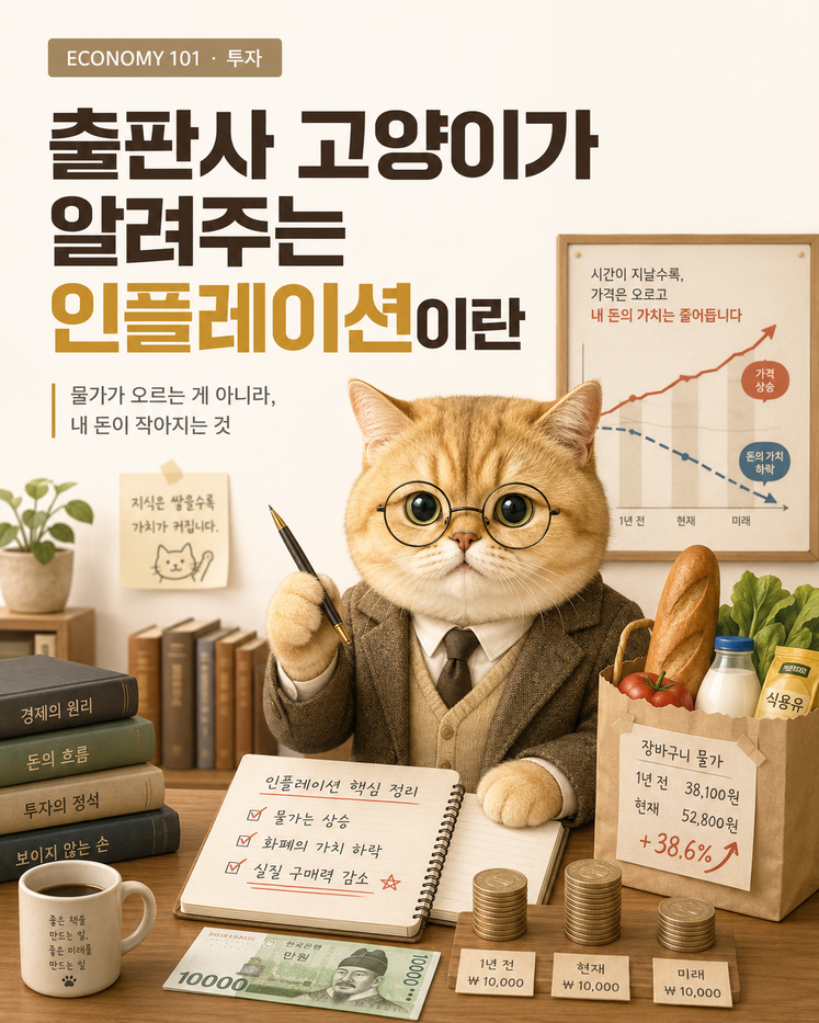 인플레이션이란 한 장 정리 포스터, 물가가 오르는 게 아니라 내 돈이 작아지는 것, 화폐 가치 하락과 실질 구매력 감소, 스틸당 매거진