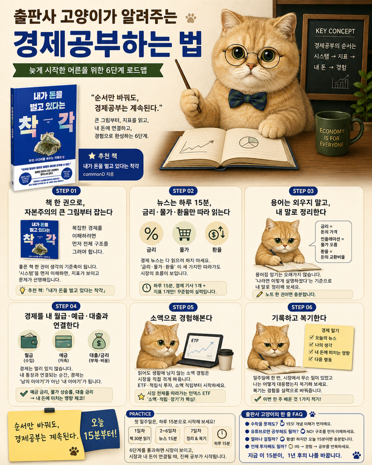 경제공부 하는법 6단계 로드맵 한 장 정리 카드뉴스, 책 한 권 뉴스 15분 용어 정리 내 돈 연결 소액 경험 복기, 스틸당 매거진