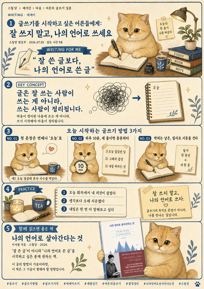 어른의 글쓰기 방법 한 장 정리 카드뉴스, 첫 문장은 오늘로 하루 10분 세 줄, 나의 언어로 쓰기, 스틸당 매거진