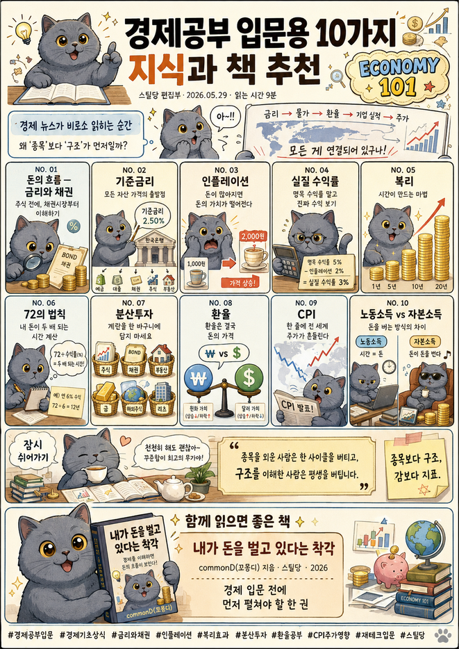 경제공부 입문용 10가지 지식 한 장 요약 고양이 인포그래픽, 금리 채권 기준금리 인플레이션 실질수익률 복리 72의법칙 분산투자 환율 CPI 노동소득 자본소득, 스틸당 매거진