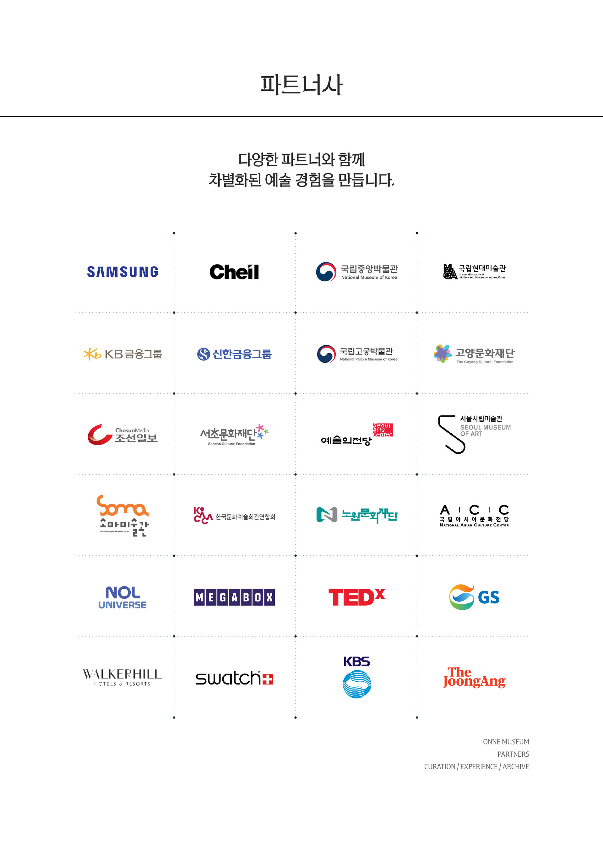 온느뮤지엄 파트너 국립중앙박물관, 서울특별시, TED, KB금융그룹, GS, 메가박스, 고양문화재단, 서초문화재단, 세화뮤지엄, 한국문화예술회관연합회, 노원문화재단, 예술의전당, 소마미술관, 국립현대미술관