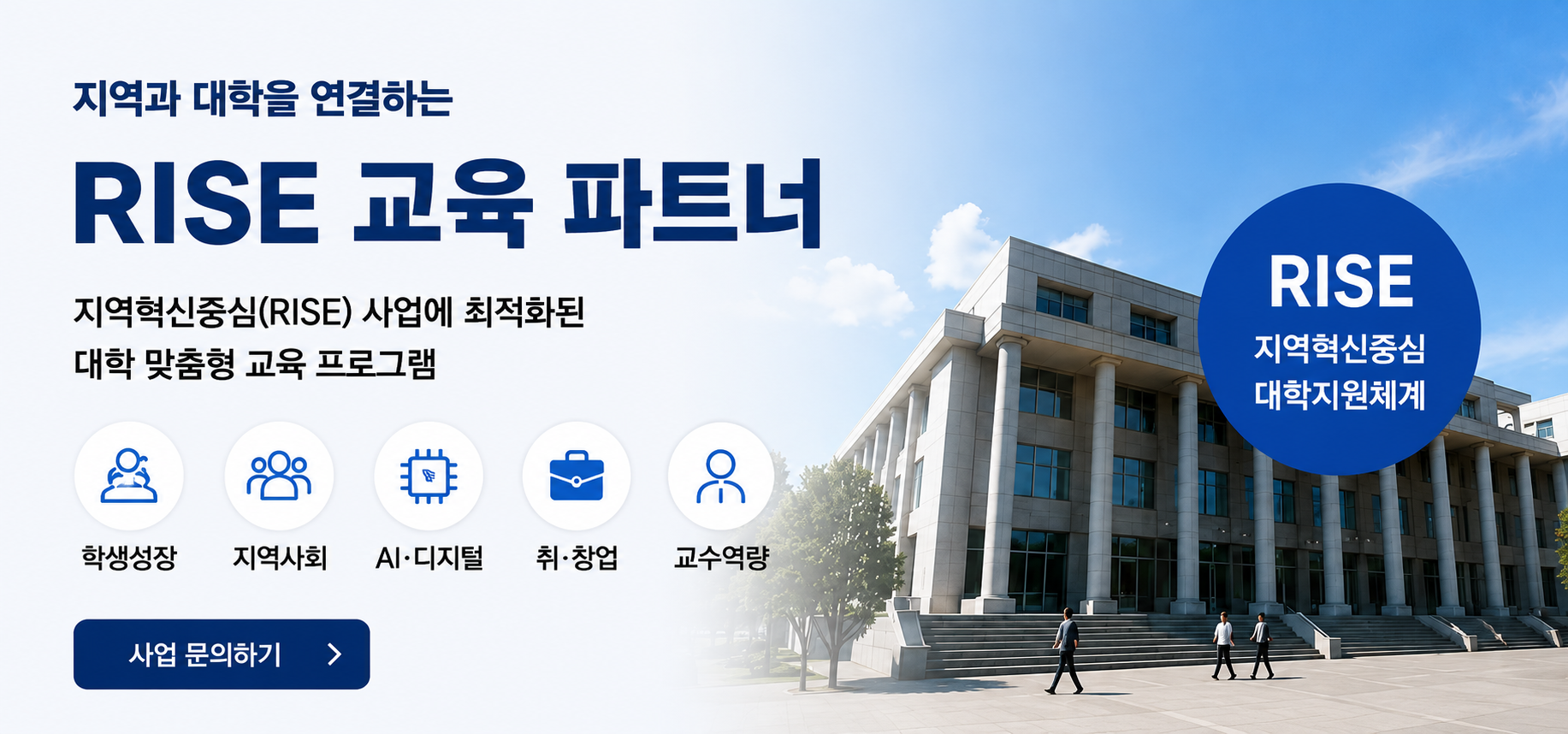 지역혁신중심(RISE) 대학지원체계를 위한 대학 맞춤형 교육 프로그램 소개 이미지. 학생성장, 지역사회, AI·디지털, 취·창업, 교수역량 분야의 RISE 교육을 운영하는 한국인성교육협회.