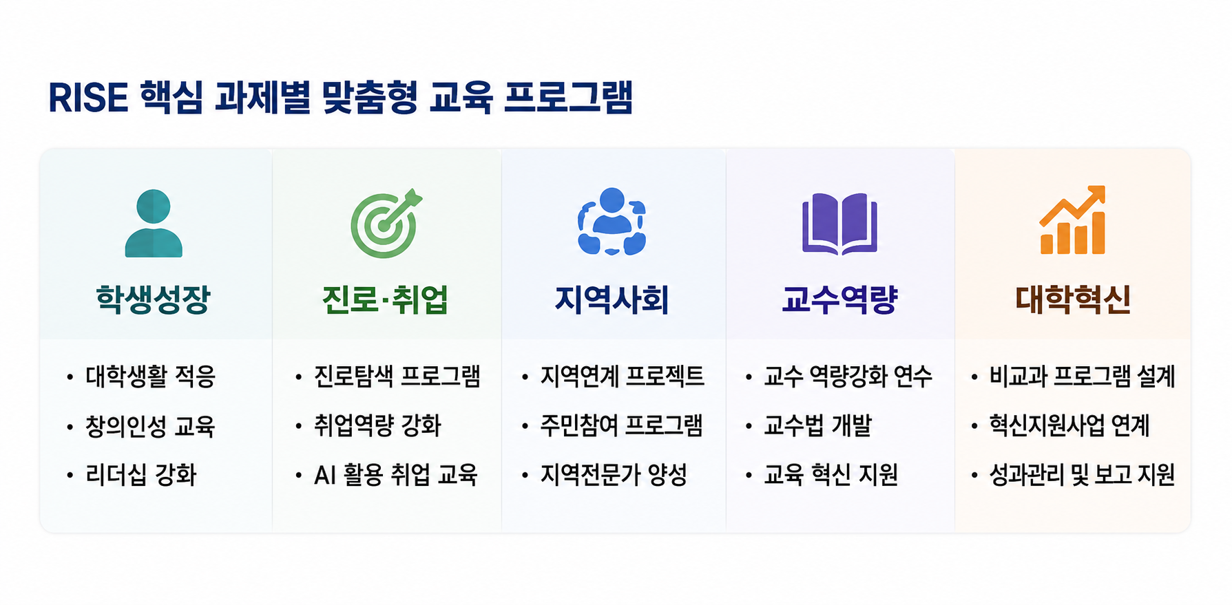지역혁신중심(RISE) 핵심 과제별 대학 맞춤형 교육 프로그램 안내 이미지. 학생성장, 진로·취업, 지역사회, 교수역량, 대학혁신 분야별 RISE 교육 솔루션을 제공하는 한국인성교육협회.