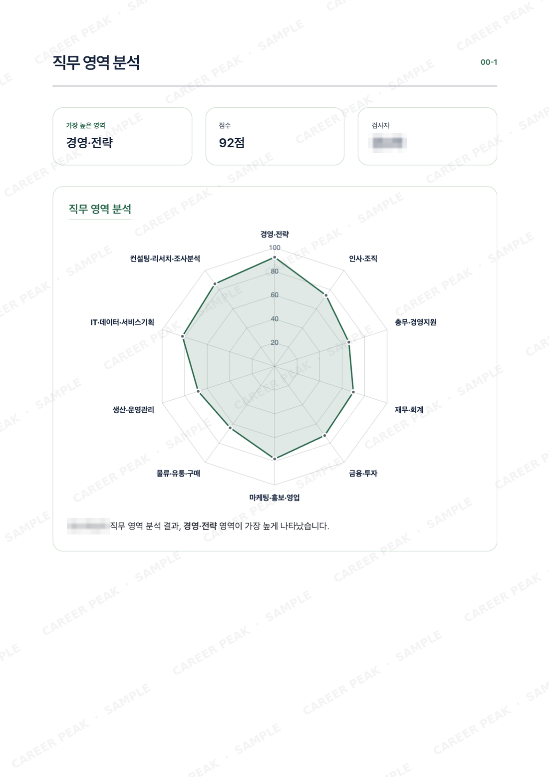 PCA 직무 영역 분석 결과 예시 — 10개 영역 100점 순위화