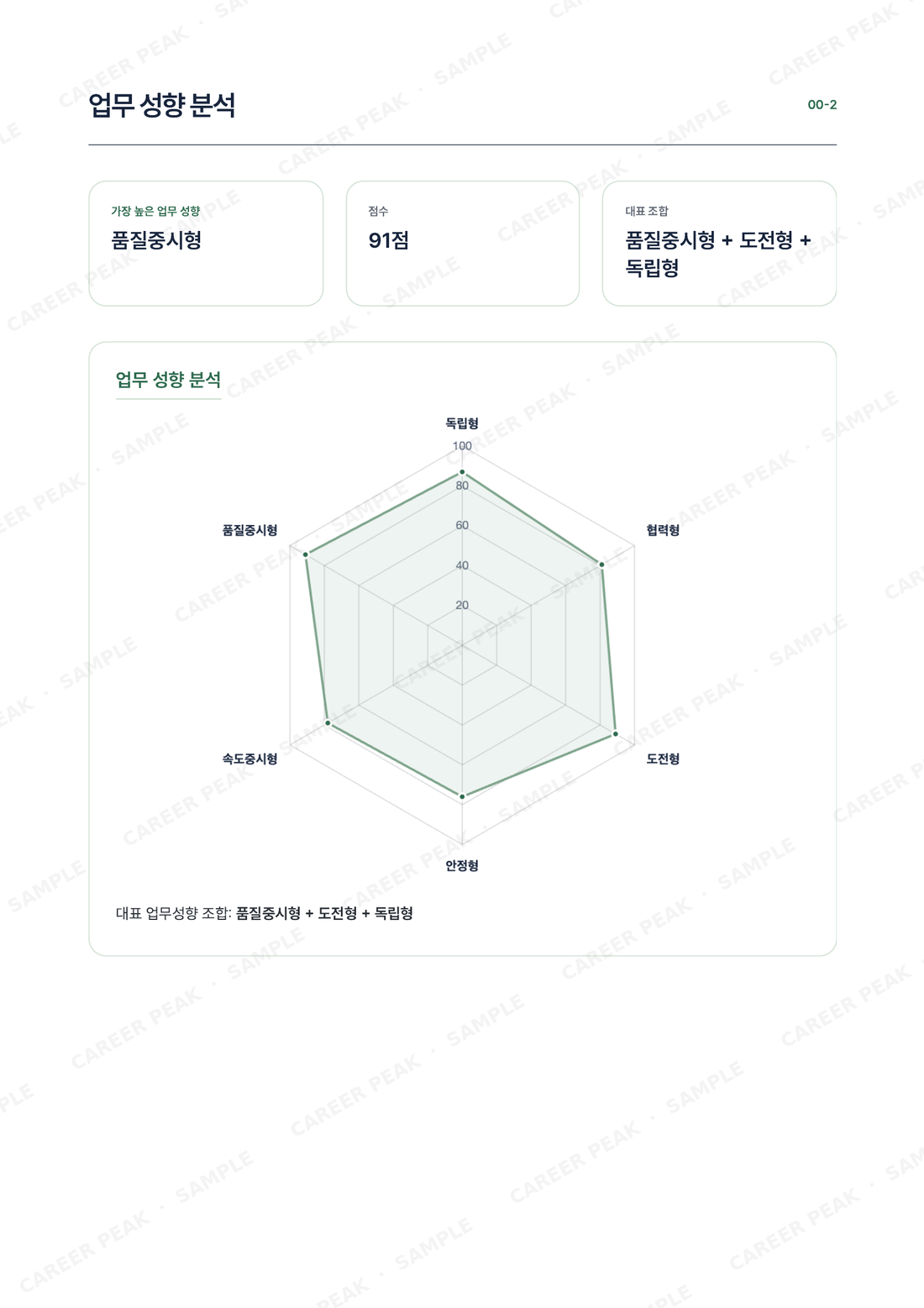 PCA 업무 성향 분석 결과 예시 — 6유형 육각형