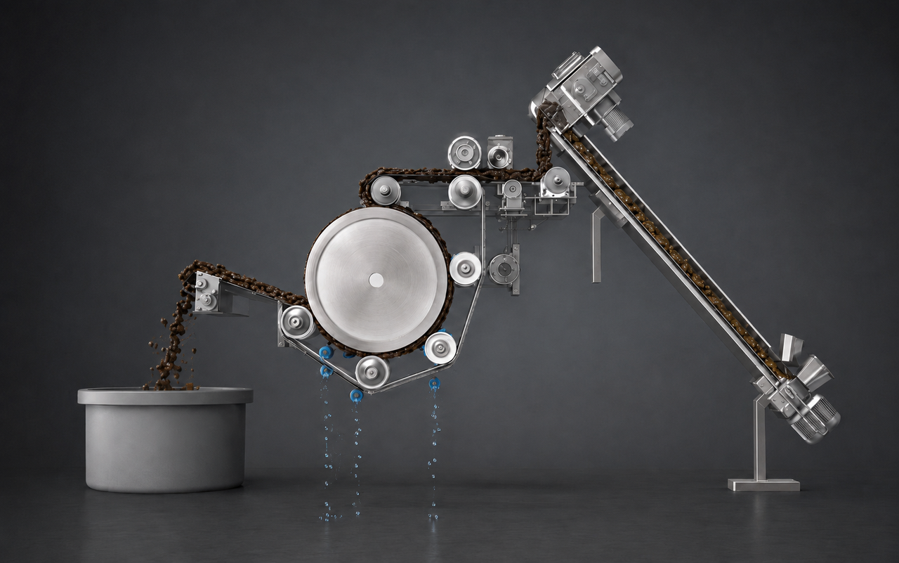 Close-up view of the dewatering process, showing machinery in operation, reducing moisture content in sludge
