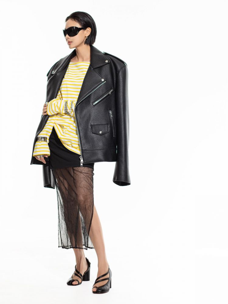 PAPER MOON) OVERSIZED CHUNKY ZIPPED VEGAN LEATHER BIKER JACKET