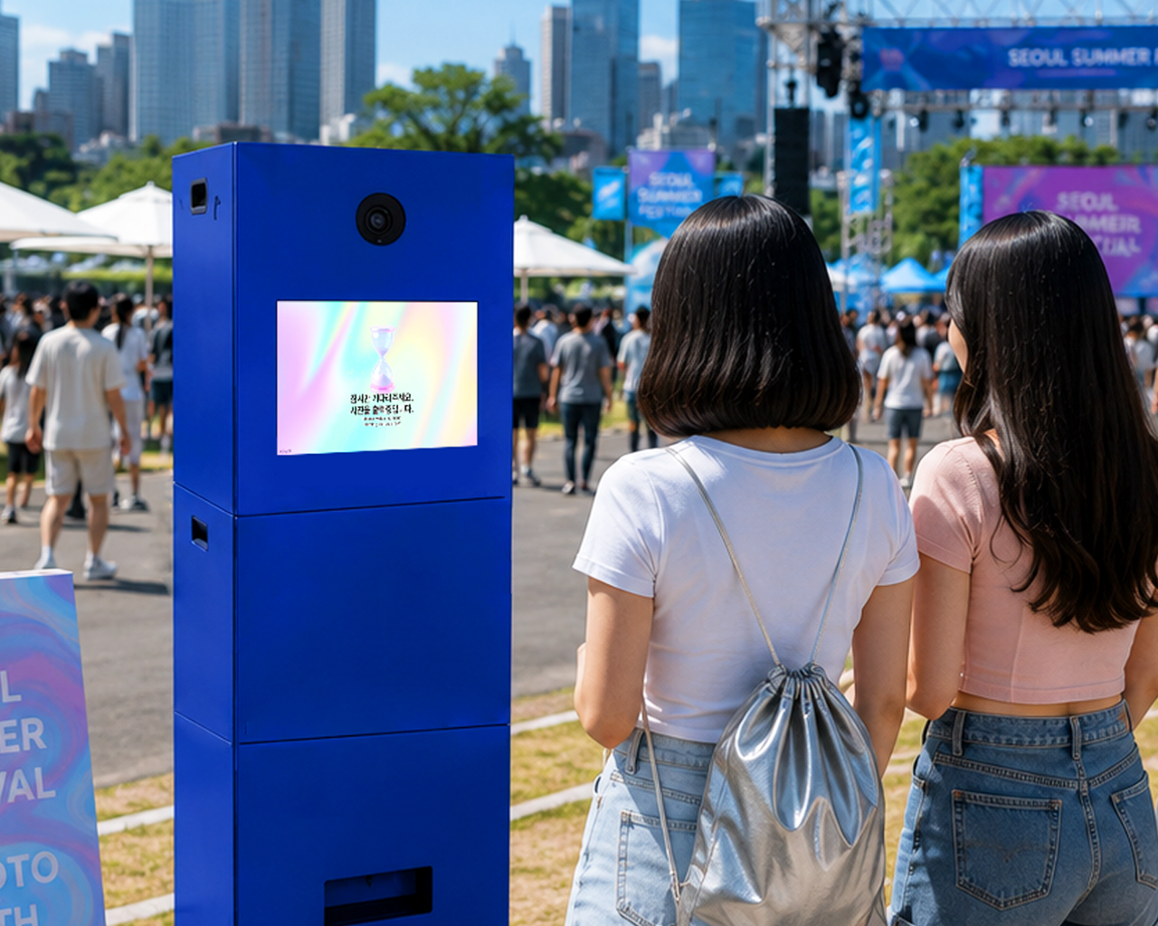 스티키 기본 디자인과 아디다스, 교보생명 브랜드로 래핑된 AI 포토부스 키오스크 및 설치 현장
