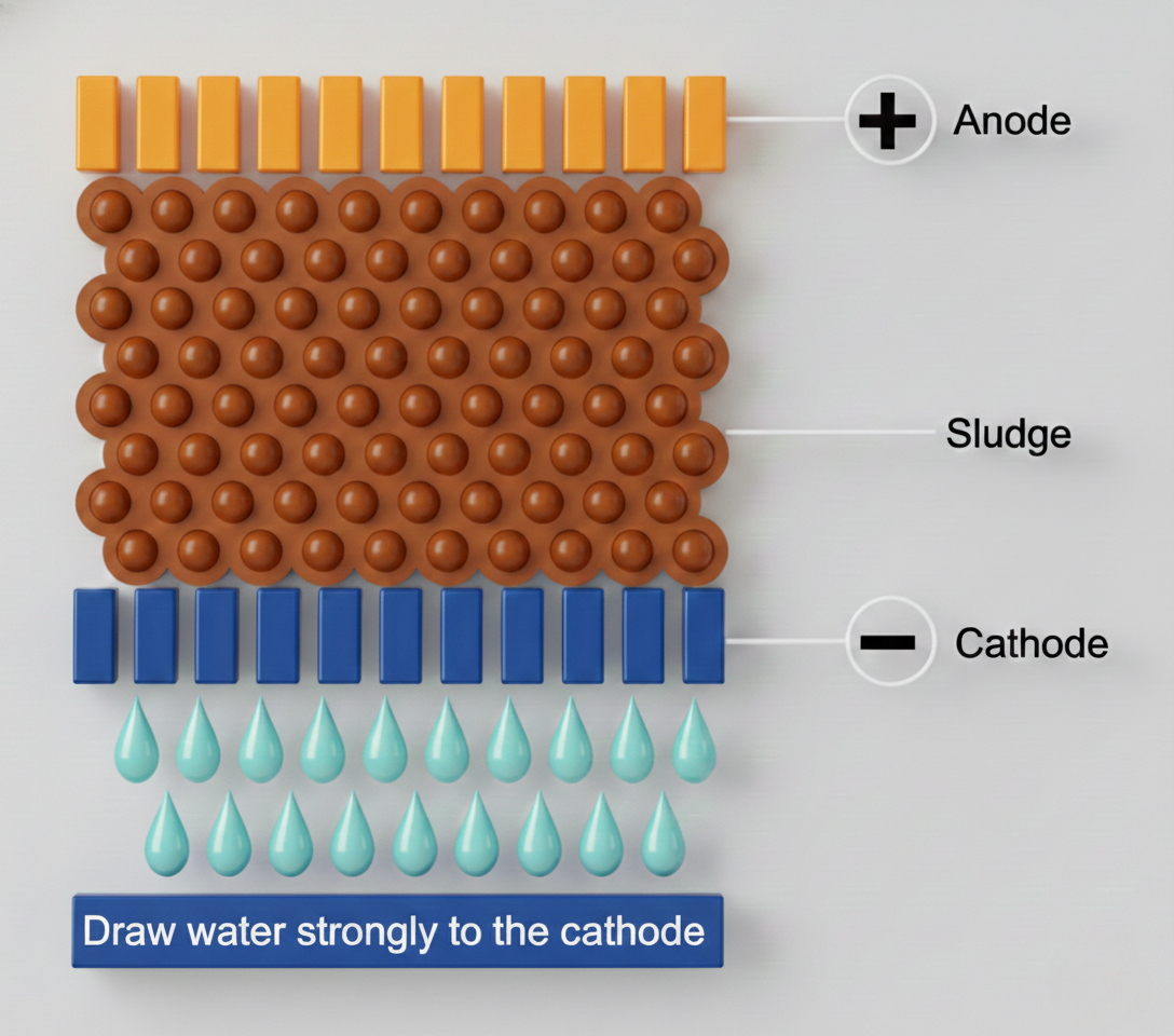 Diagram illustrating the operation principle of the electro-dewatering process, highlighting the sludge's moisture removal through positive (+) and negative (-) electrodes.