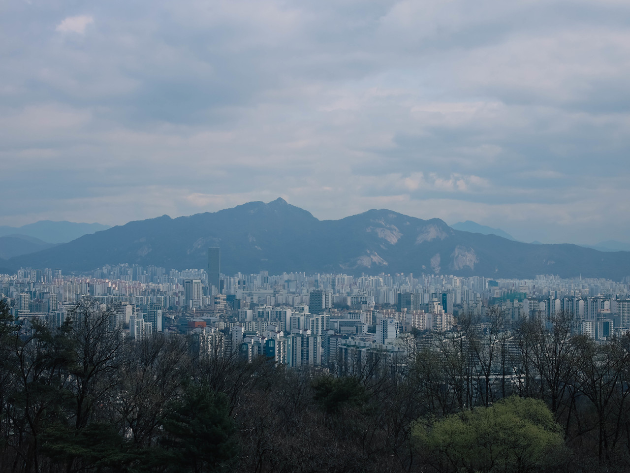 5층 루프탑에서 바라본 서울 시내와 산 능선