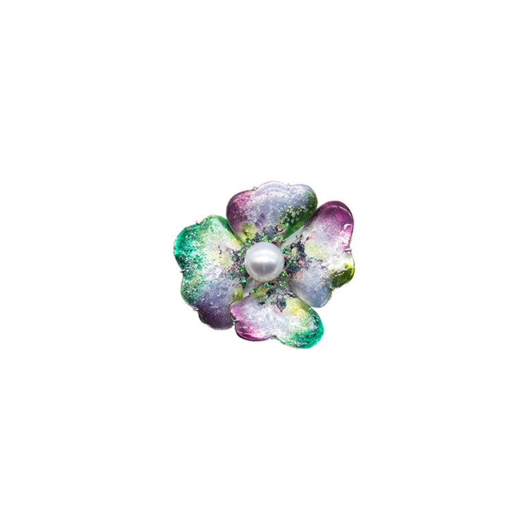Charis Four-Leaf Silver Cloisonné Brooch