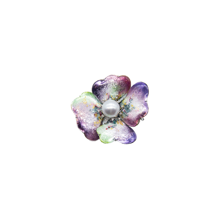 Charis Four-Leaf Silver Cloisonné Brooch