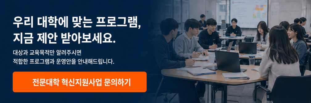 전문대학 혁신지원사업의 교육대상과 목적에 맞는 대학 프로그램 및 운영안을 제안받을 수 있도록 상담 문의를 안내하는 대학생 참여형 교육 이미지