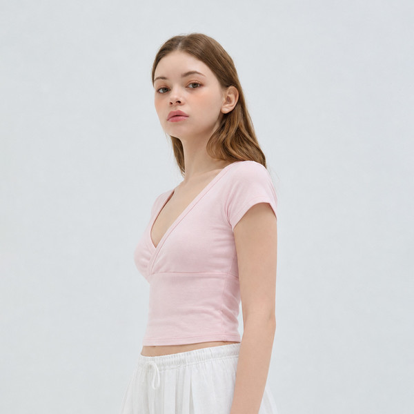 CUTTING V-NECK SHORT SLEEVE T SHIRT LIGHT PINK 상세 이미지