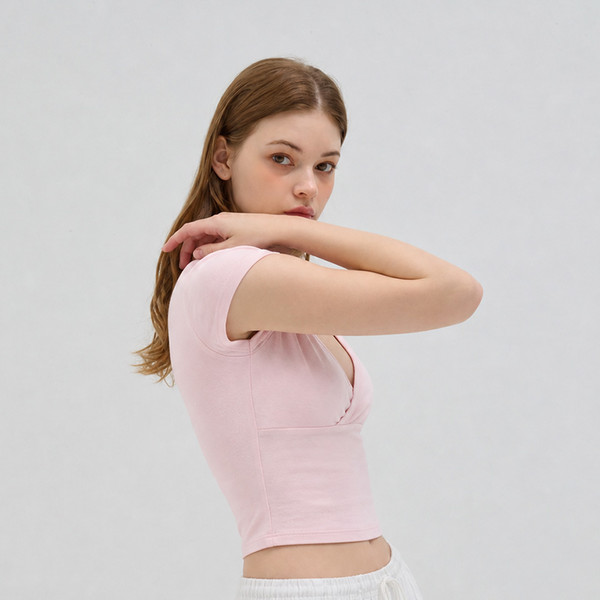 CUTTING V-NECK SHORT SLEEVE T SHIRT LIGHT PINK 상세 이미지