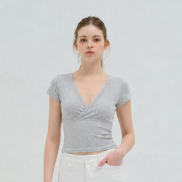 CUTTING V-NECK SHORT SLEEVE T SHIRT GRAY 상세 이미지