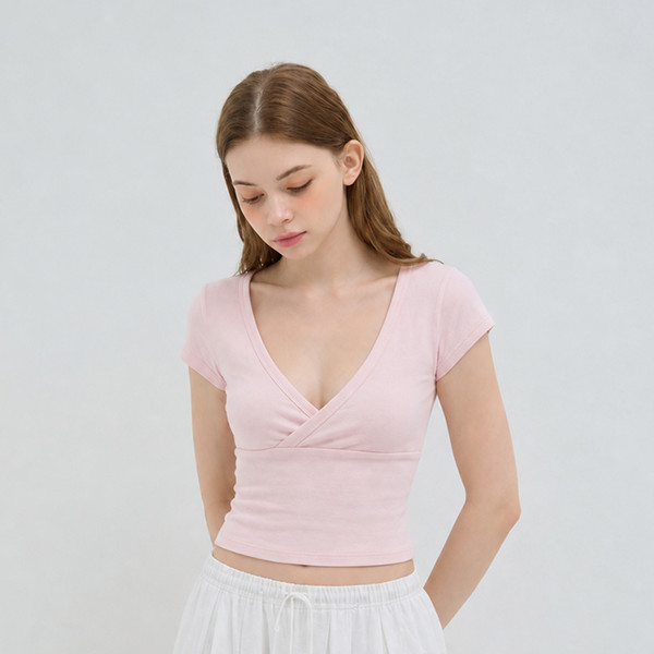 CUTTING V-NECK SHORT SLEEVE T SHIRT LIGHT PINK 상세 이미지