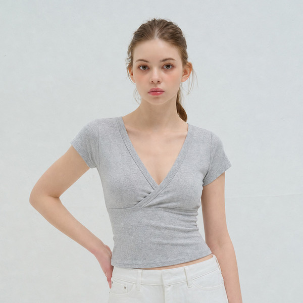 CUTTING V-NECK SHORT SLEEVE T SHIRT GRAY 상세 이미지