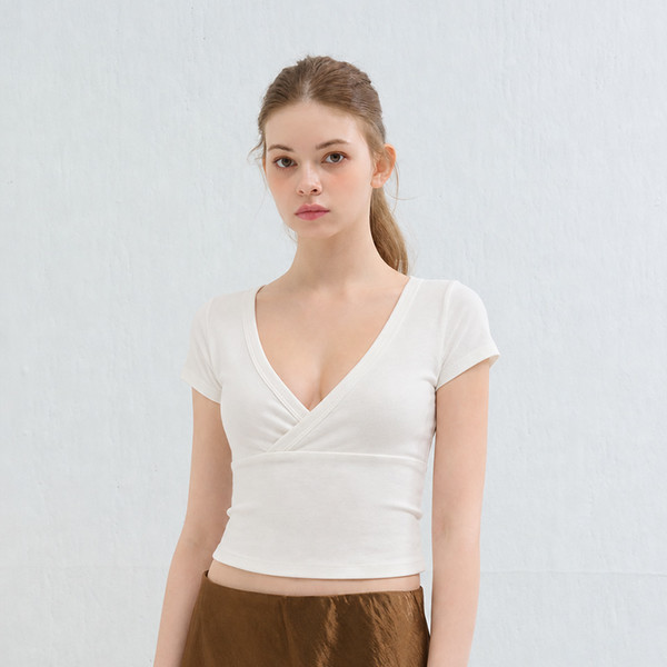 CUTTING V-NECK SHORT SLEEVE T SHIRT IVORY 상세 이미지