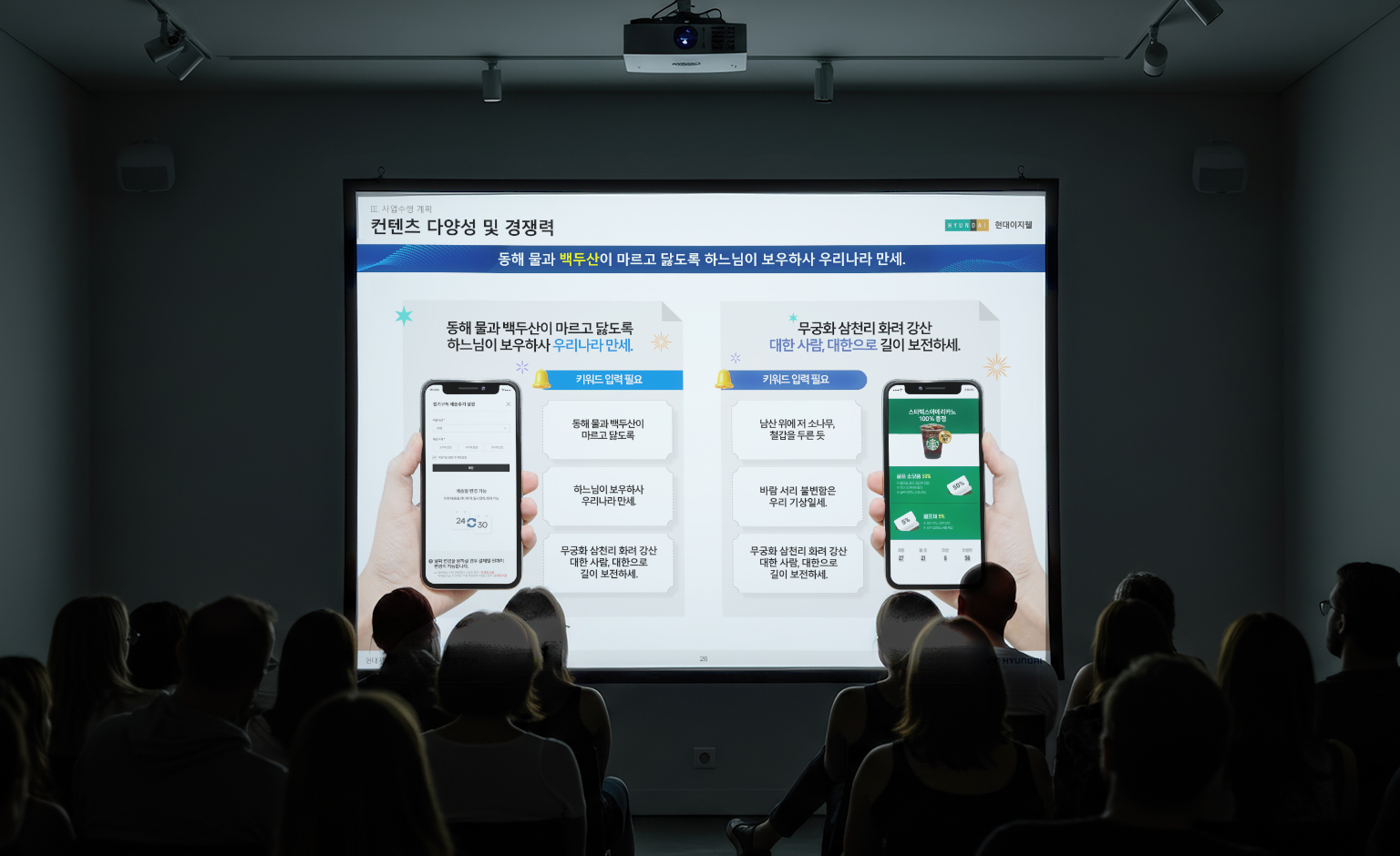현대이지웰 운영 제안서 윈피티 포트폴리오 ppt 디자인 회의장 목업 적용