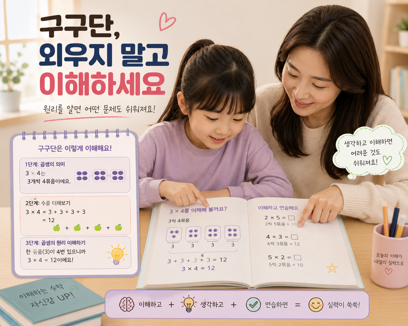 곱셈의 의미를 3단계로 이해하는 학습 자료. 3 곱하기 4는 3개씩 4묶음이고, 3+3+3+3=12이며, 한 묶음이 4번 있으니 3×4=12라는 설명