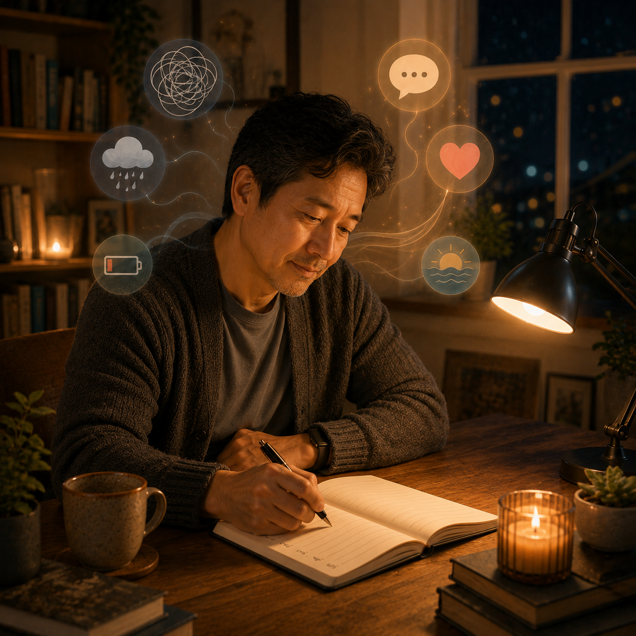 밤에 스탠드를 켜고 노트에 감정을 기록하는 중년 남성. 엉킨 실타래와 먹구름, 방전된 배터리 아이콘이 말풍선과 하트, 일출 아이콘으로 이어지는 모습