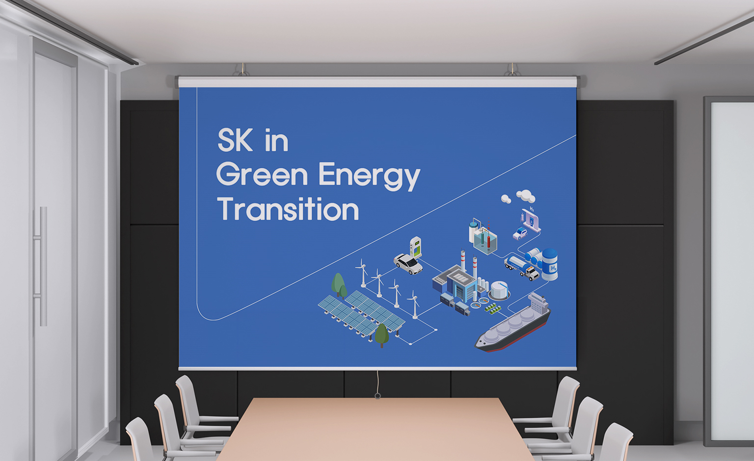 SK E&S 그린 에너지 사업보고서 포트폴리오 ppt 디자인 회의장 목업 적용