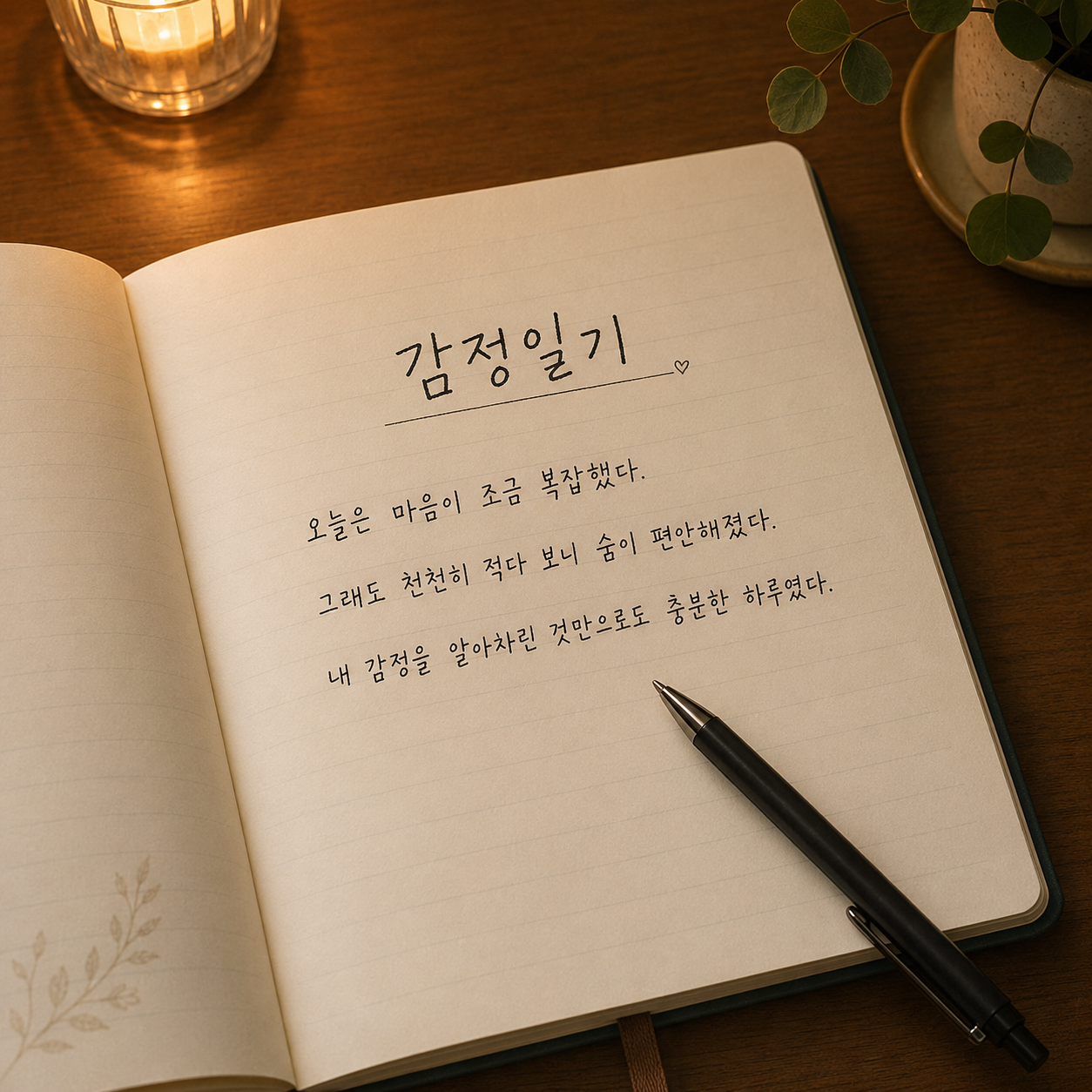 「감정일기」라고 적힌 노트에 오늘의 마음을 손글씨로 적어 내려간 페이지와 펜, 촛불이 놓인 책상