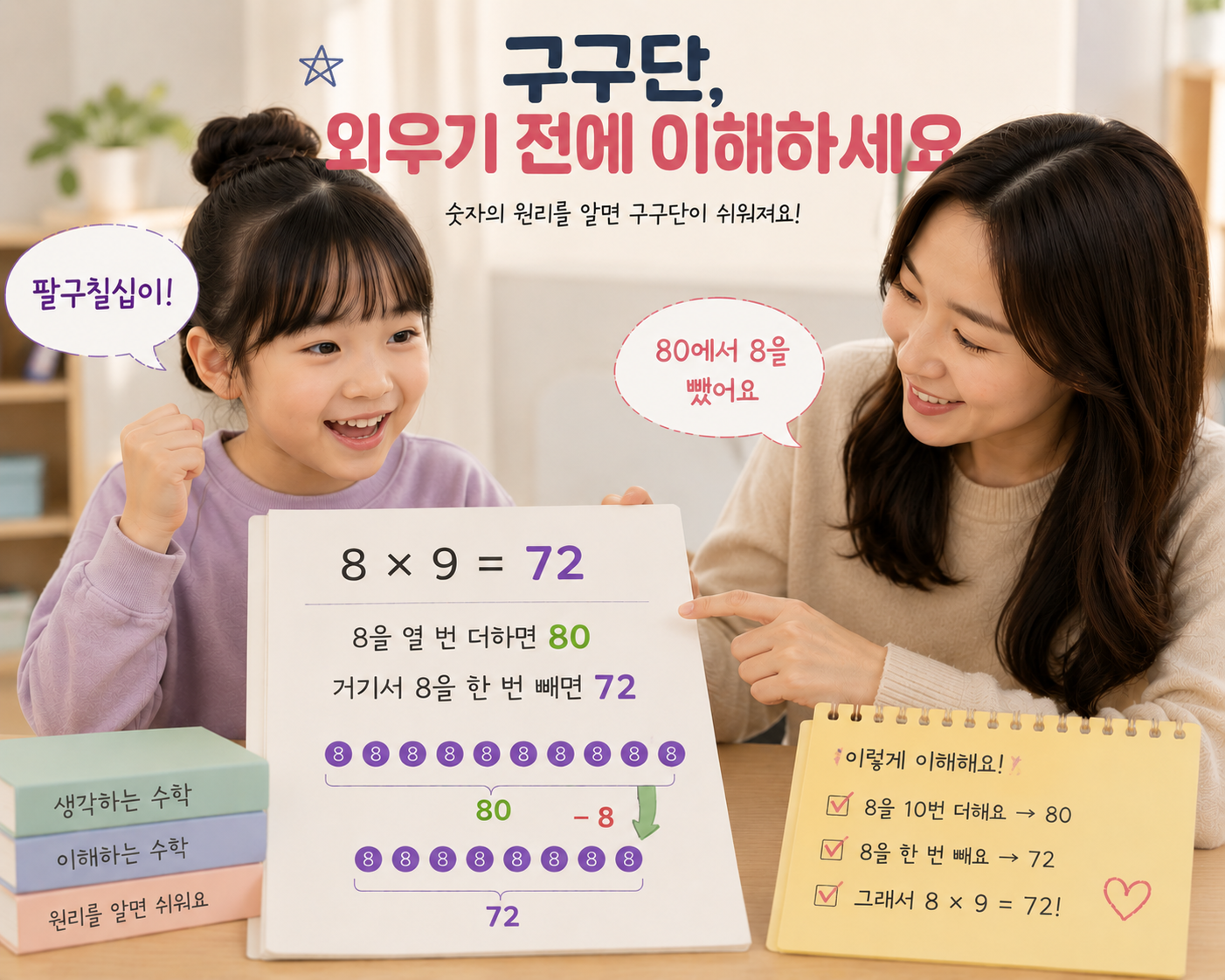 구구단, 외우기 전에 이해하세요. 8 곱하기 9는 72, 8을 열 번 더하면 80이고 거기서 8을 한 번 빼면 72라고 적힌 학습 자료를 아이와 부모가 함께 보는 모습