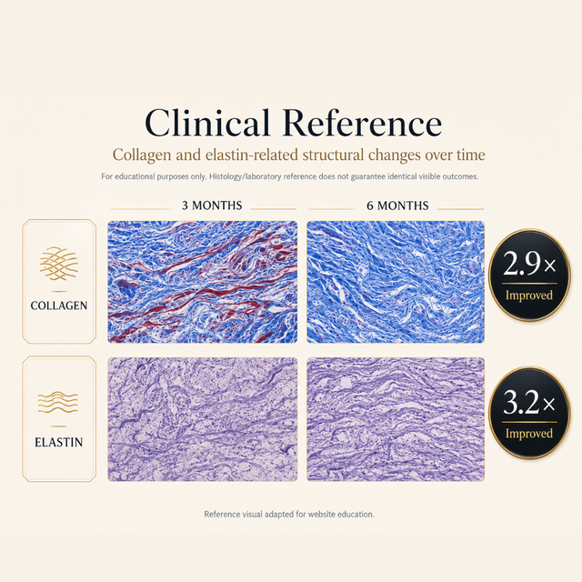 Clinical reference comparing collagen and elastin-related structural changes at three and six months