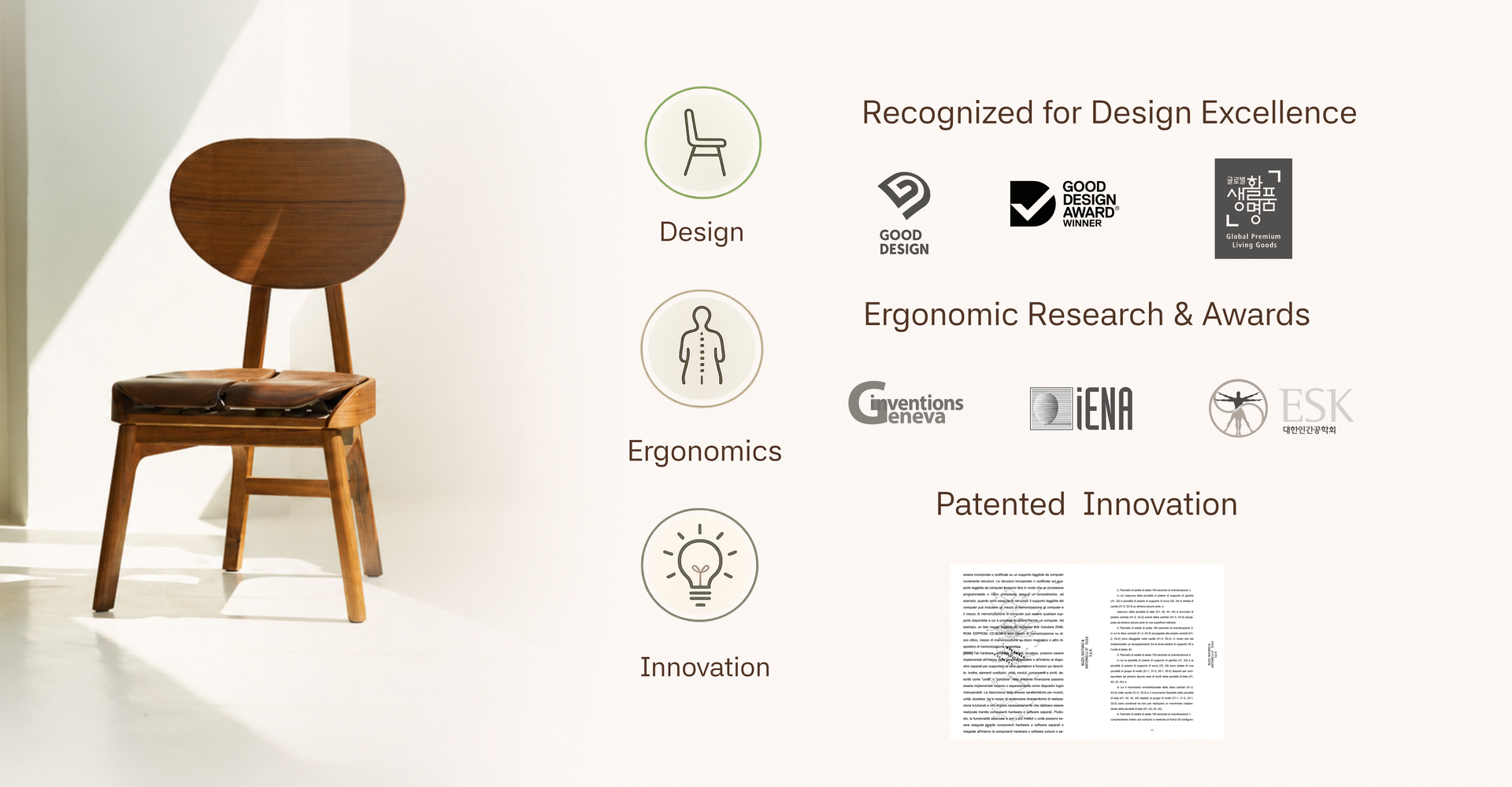 NOOGI chair with design, ergonomics, innovation, and international award recognition