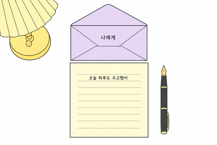 책상 위에 「나에게」라고 적힌 보라색 편지 봉투와 「오늘 하루도 수고했어」라고 쓰인 편지지, 만년필과 스탠드 조명이 놓인 모습