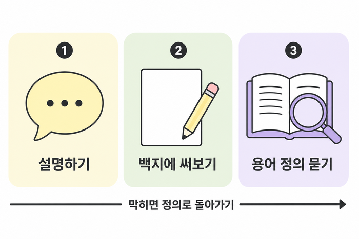 메타인지 확인법 3가지 도표. 1 설명하기, 2 백지에 써보기, 3 용어 정의 묻기, 그리고 아래를 가로지르는 화살표에 막히면 정의로 돌아가기