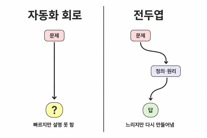 자동화 회로와 전두엽 비교 도식. 자동화 회로는 문제에서 물음표로 곧장 이어지고 빠르지만 설명 못 함, 전두엽은 문제에서 정의·원리를 거쳐 답으로 이어지고 느리지만 다시 만들어냄
