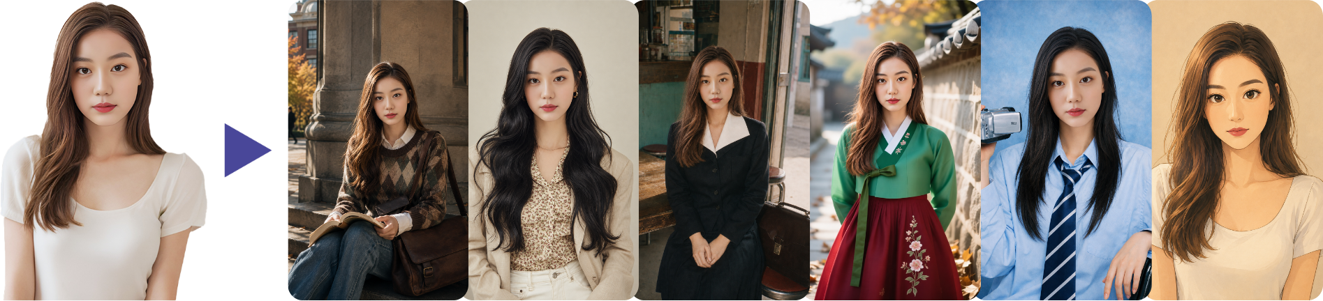 20대 여성이 한복, 교복, 빈티지룩 등 다양한 콘셉트로 변환된 AI 프로필 사진 모음