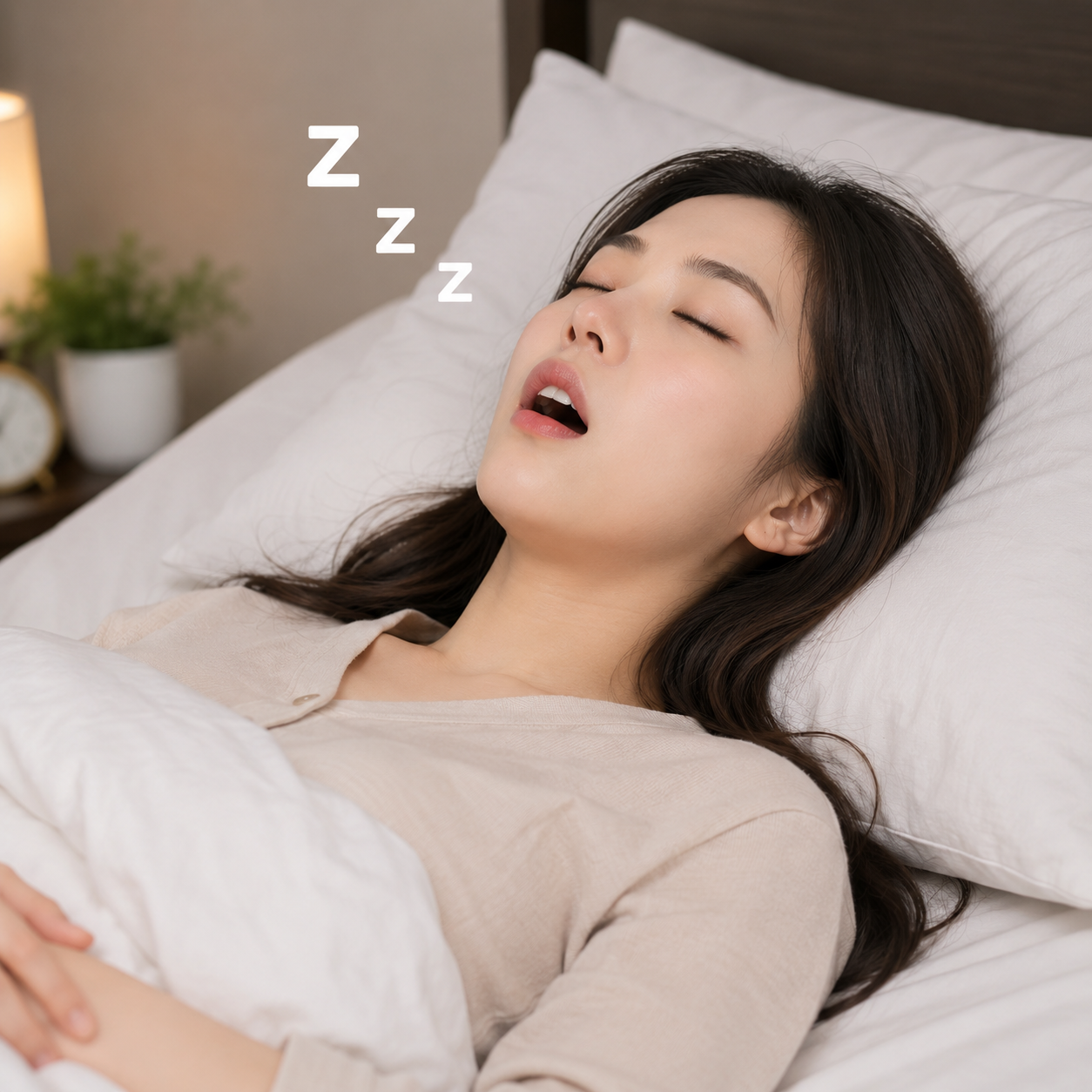 코골이와 코막힘으로 입을 벌리고 자는 모습