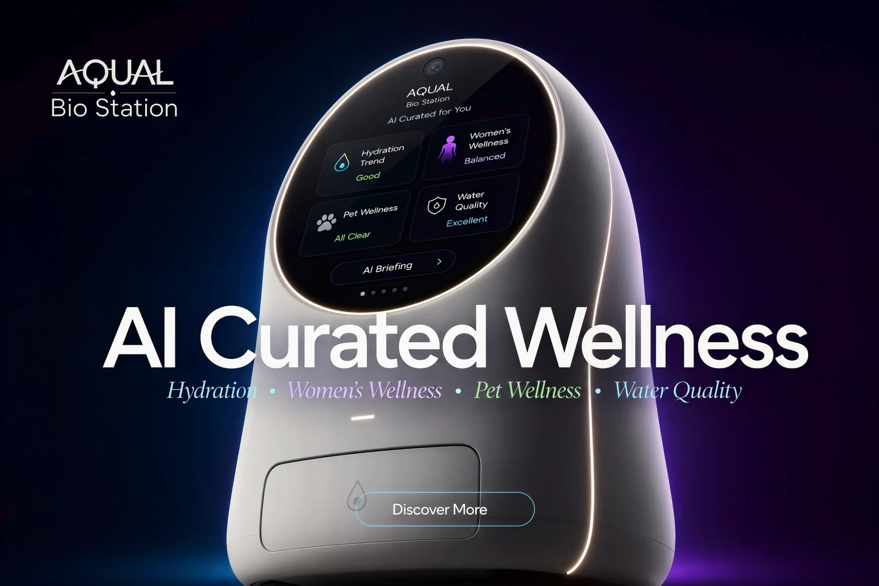 AQUAL Bio Station displaying AI Curated Wellness interface for hydration, women's wellness, pet wellness, and water quality monitoring by LEEBIO