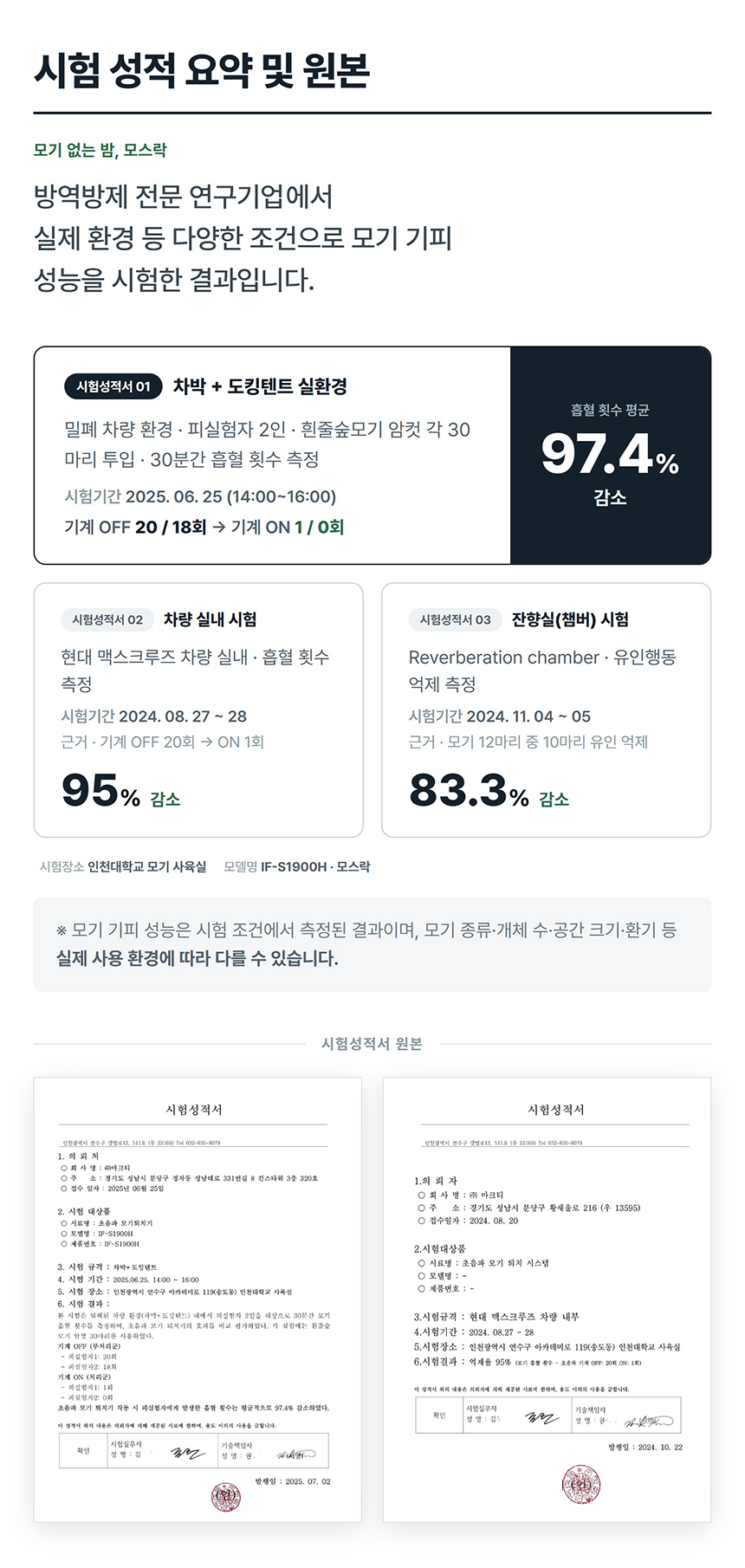 모스락 시험성적 요약과 시험성적서 원본