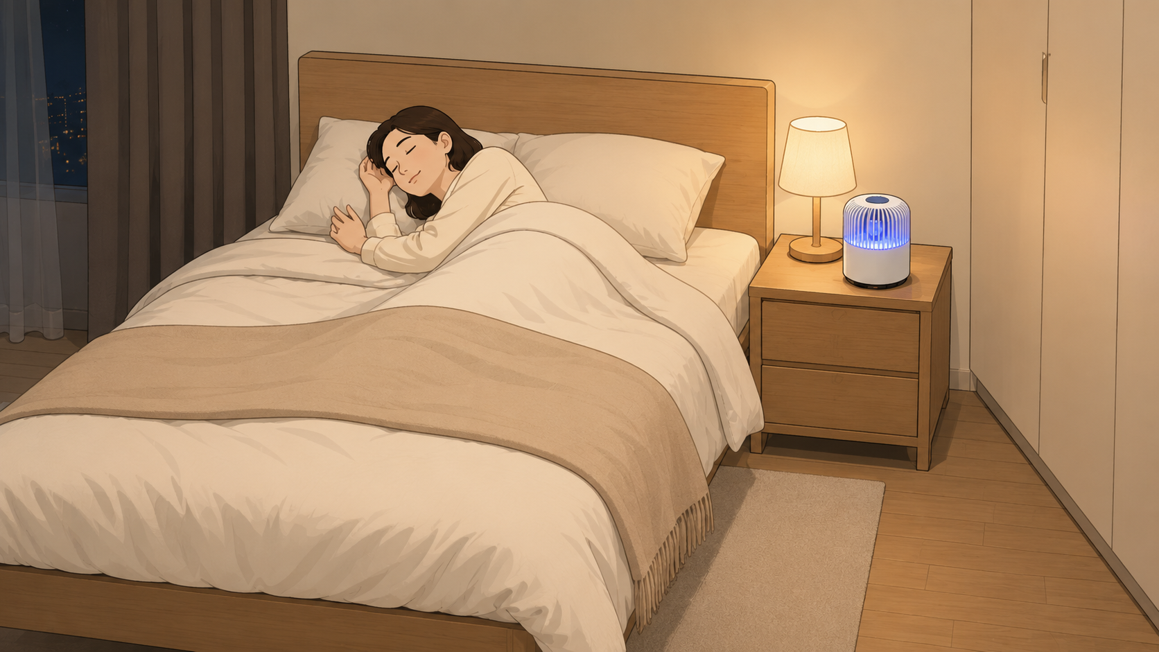 침대 옆 협탁 위에 모스락을 놓고 취침하는 침실 환경
