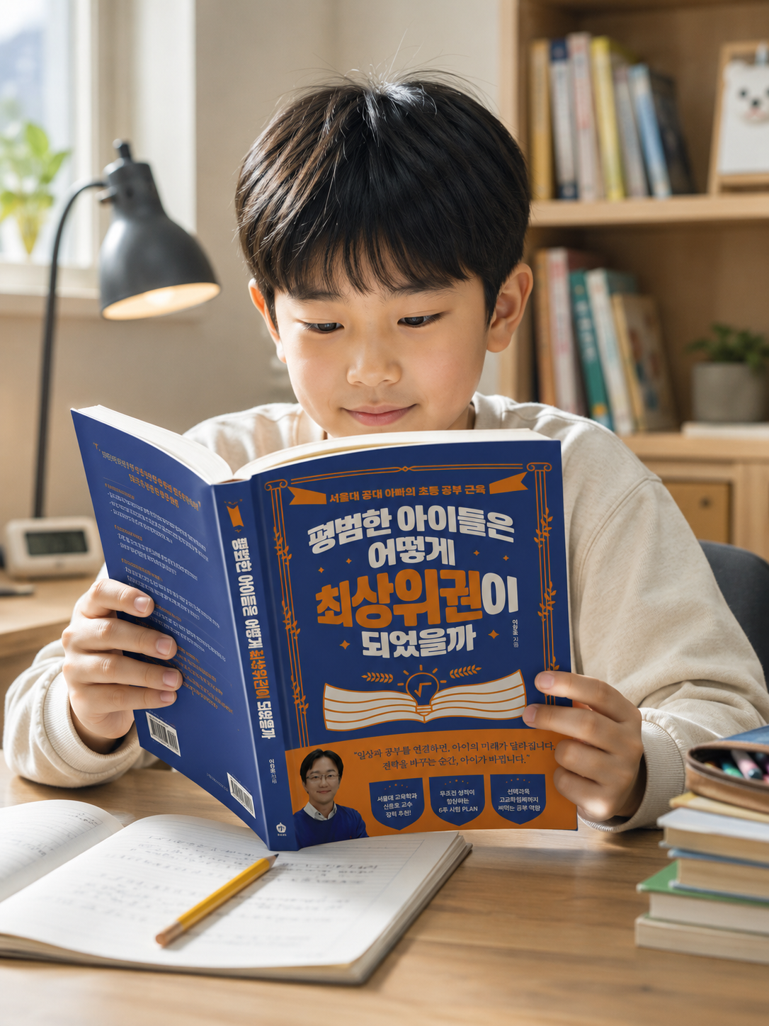 초등학생 남자아이가 책상에 앉아 『평범한 아이들은 어떻게 최상위권이 되었을까』를 펼쳐 읽고 있고, 책상 위에는 필기 중인 공책과 연필, 쌓아둔 책들이 놓여 있다