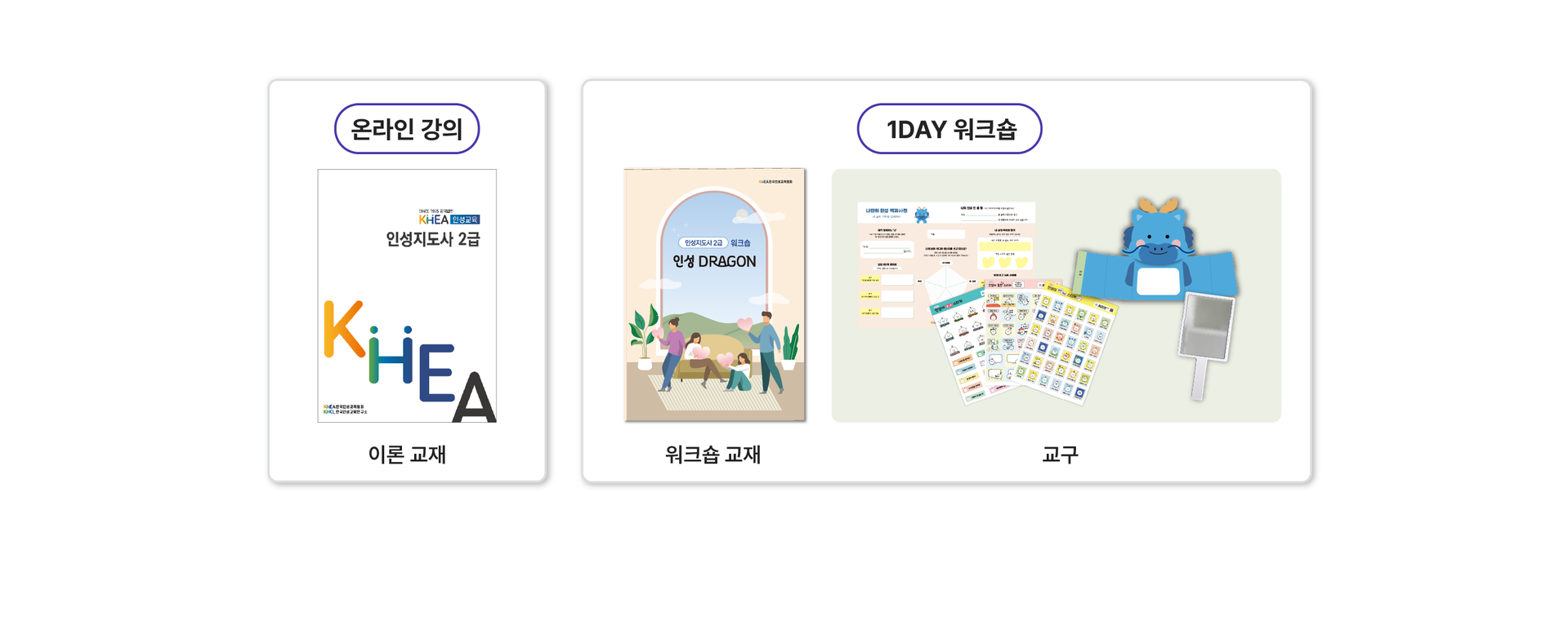 교원 인성지도사 2급 과정에 활용되는 온라인 이론 교재, 인성 DRAGON 워크숍 교재와 참여형 인성교육 교구 구성품