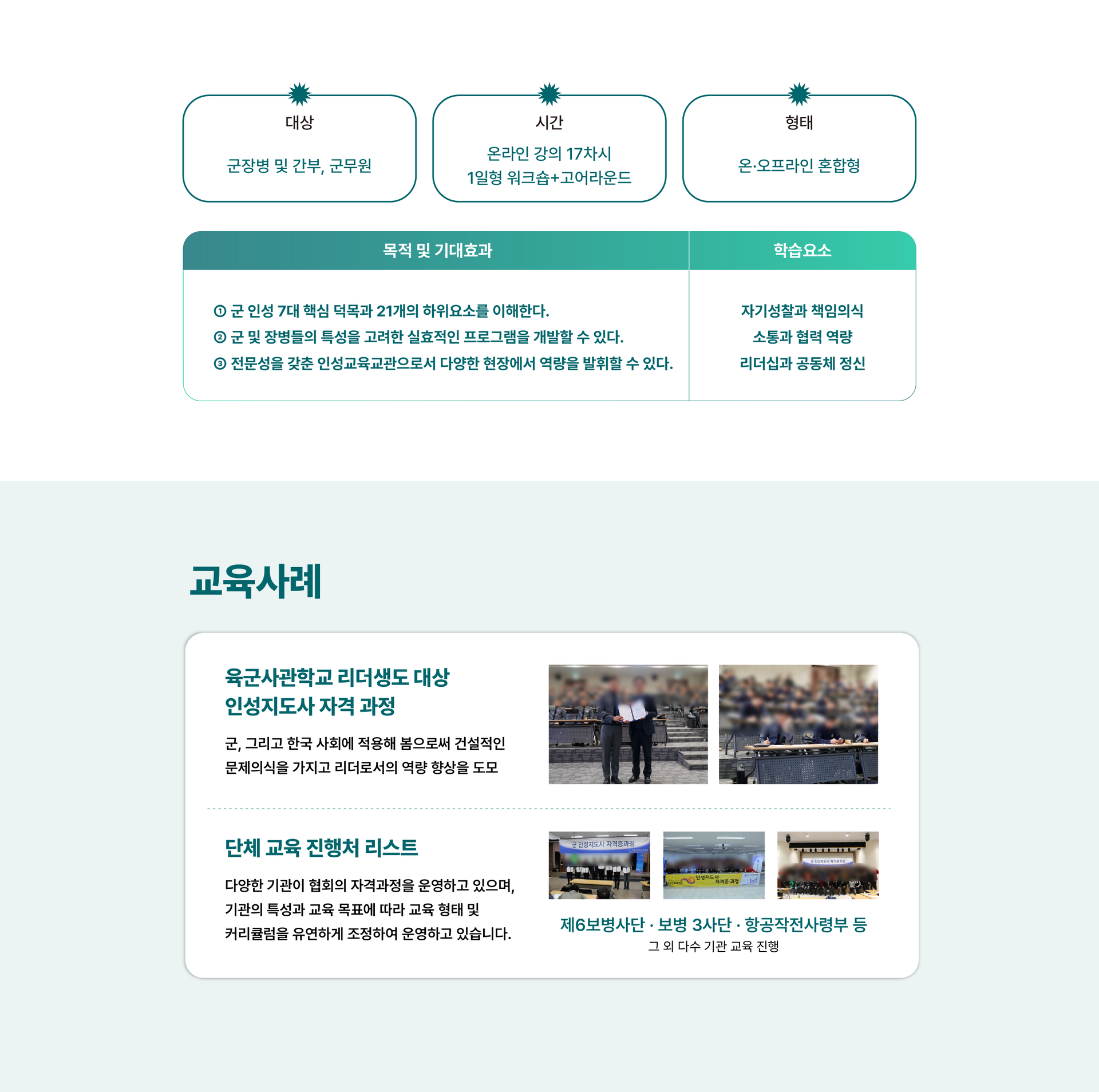 군장병·간부·군무원 대상 온·오프라인 군장병 인성지도사 자격과정의 교육목표와 육군사관학교·군부대 단체교육 운영사례 안내