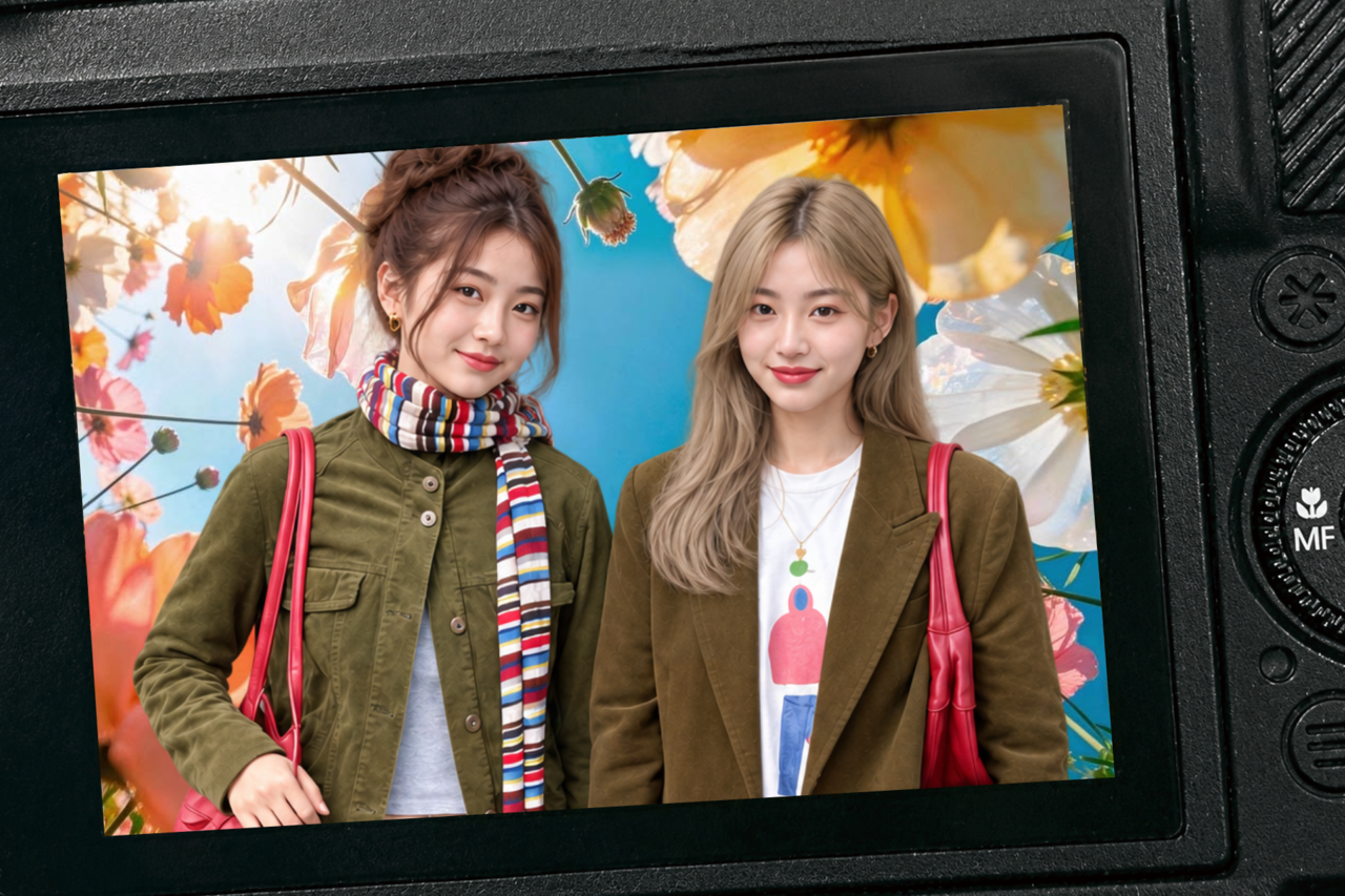 가을 패션을 입은 두 여성의 AI 프로필이 카메라 화면에 담긴 포토부스 이미지, 플라워 배경의 트렌디한 가을 콘셉트